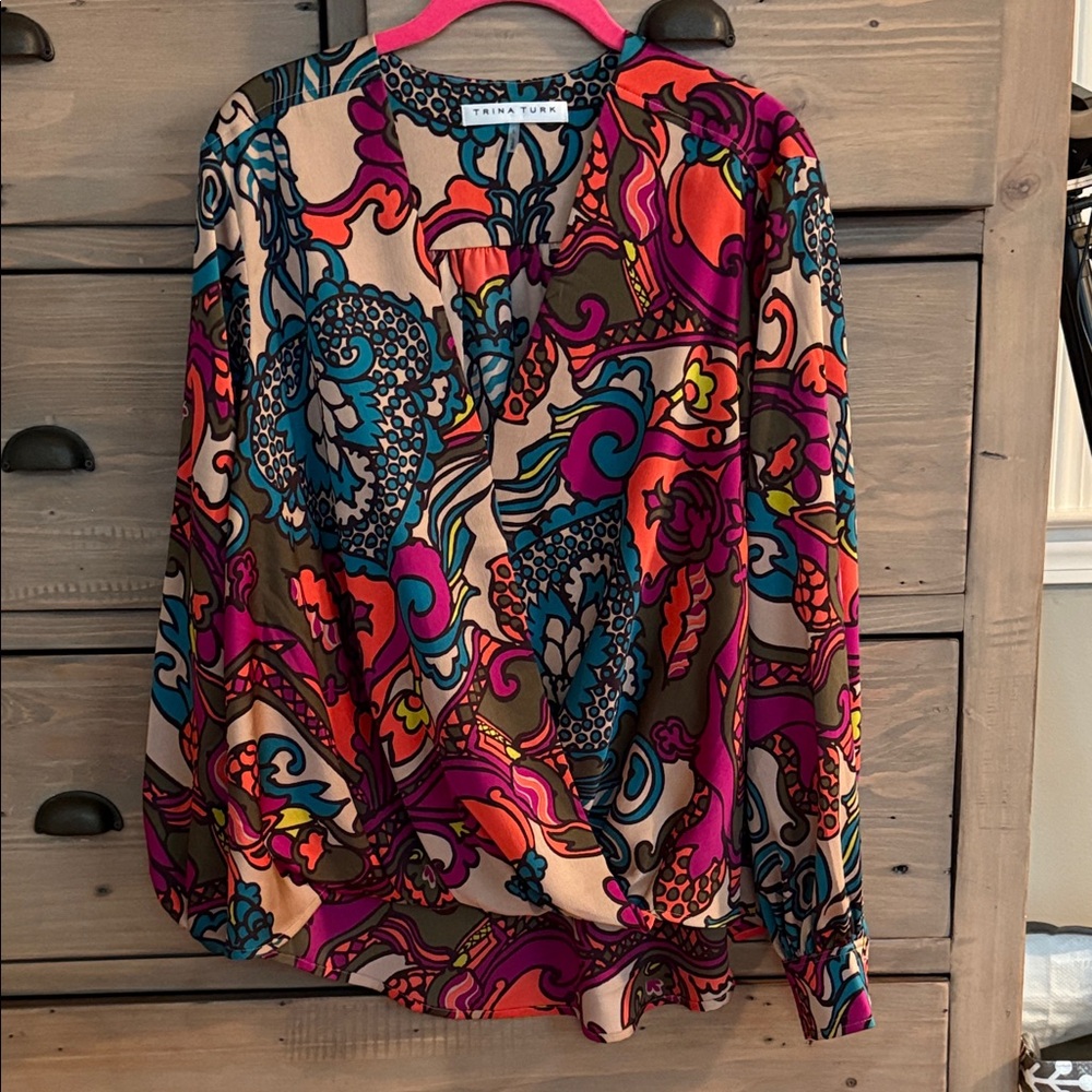 EUC Trina Turk Vibrant Patterned faux wrap Blouse sz L